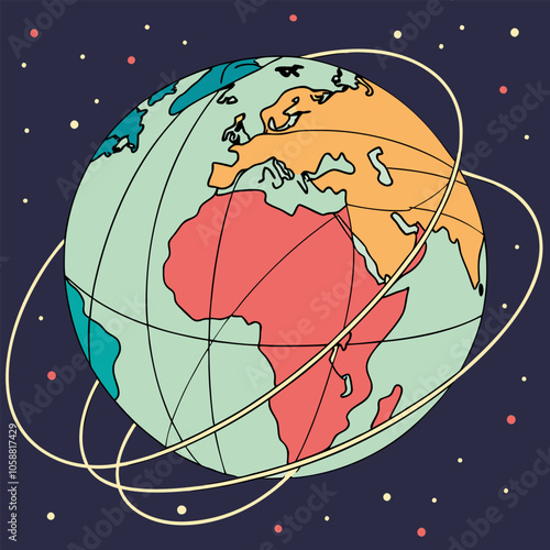 A colorful illustration of a retro-style globe with continents and lines representing the Earth's longitude and latitude, against a starry night sky, perfect for retro design.