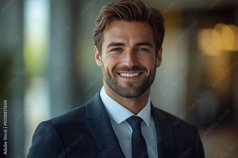 Smiling Businessman in Suit, White Shirt, and Tie, Blurred Background Smiling Businessman in Suit, White Shirt, and Tie, Blurred Background
