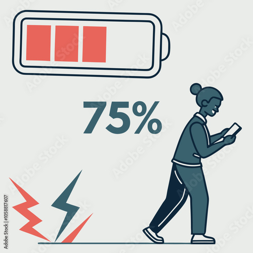 A simple illustration depicting a person walking with their phone at 75% battery. This vector graphic symbolizes the reliance on technology in modern life and the constant need for charging.
