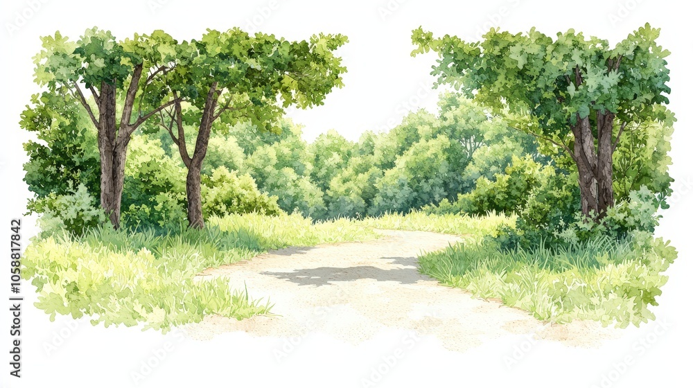 Winding Forest Path with Lush Greenery and Sunlight Winding Forest Path with Lush Greenery and Sunlight