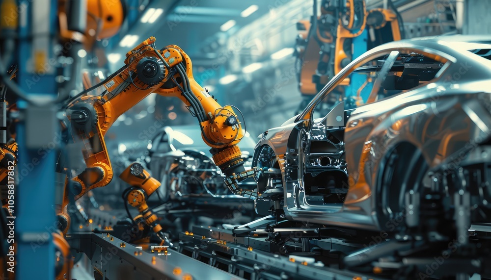Robotic Arm Assembling a Car Body on an Assembly Line Robotic Arm Assembling a Car Body on an Assembly Line