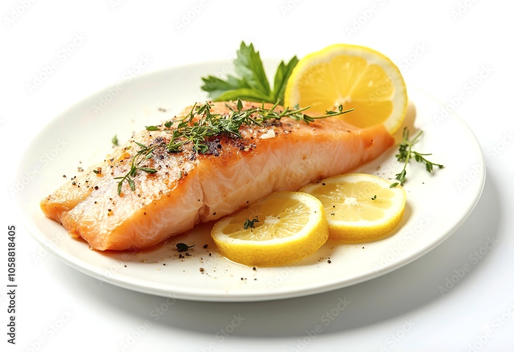 Herring with salt, pepper, herbs and lemon on white ceramic plate on white background Herring with salt, pepper, herbs and lemon on white ceramic plate on white background