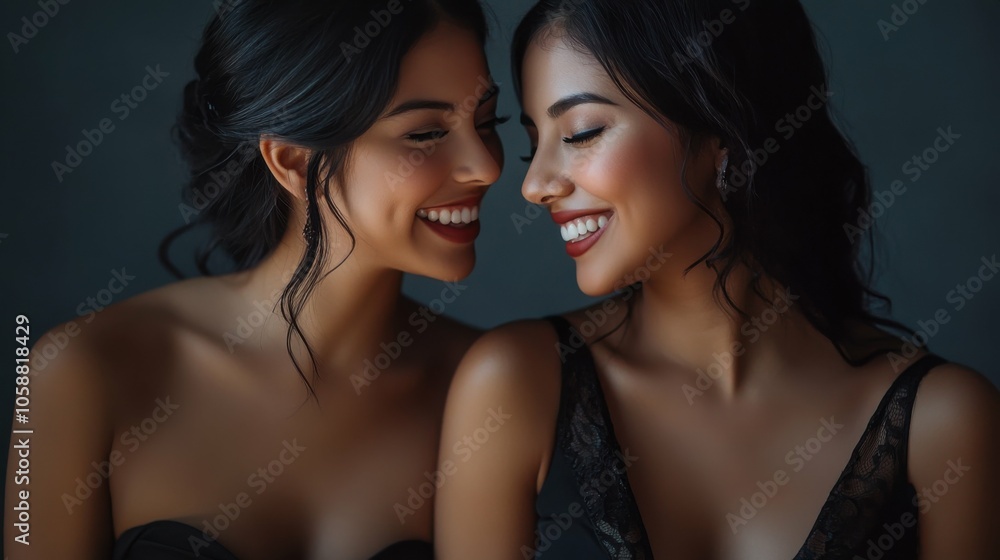 A captivating close-up of two Hispanic women in elegant black dresses, smiling back to back, their glossy skin highlighted by soft studio lighting against a muted grey backdrop. A captivating close-up of two Hispanic women in elegant black dresses, smiling back to back, their glossy skin highlighted by soft studio lighting against a muted grey backdrop.