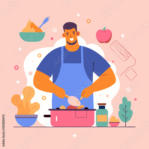 Cheerful man cooking in kitchen with utensils and ingredients in colorful illustration