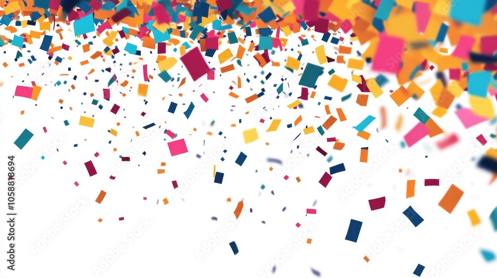 Abstract flat design featuring a vibrant explosion of confetti against a white background Abstract flat design featuring a vibrant explosion of confetti against a white background
