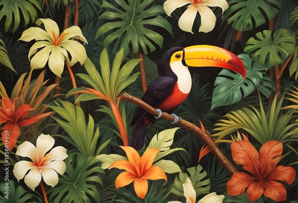 Tropical exotic pattern with animal and flowers in bright colors and lush vegetationn Tropical exotic pattern with animal and flowers in bright colors and lush vegetationn