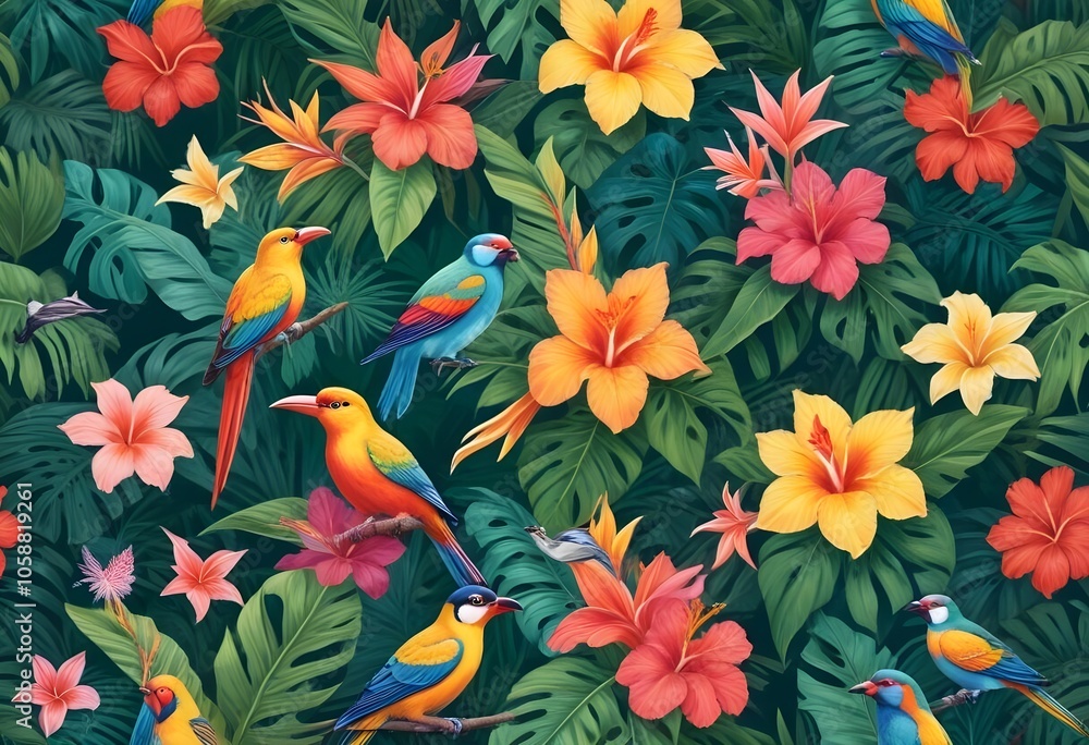 Tropical exotic pattern with animal and flowers in bright colors and lush vegetationn Tropical exotic pattern with animal and flowers in bright colors and lush vegetationn