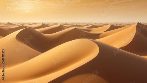 Stunning golden sand dunes under a warm sunset sky, creating a serene and vast desert landscape perfect for travel and nature themes photo