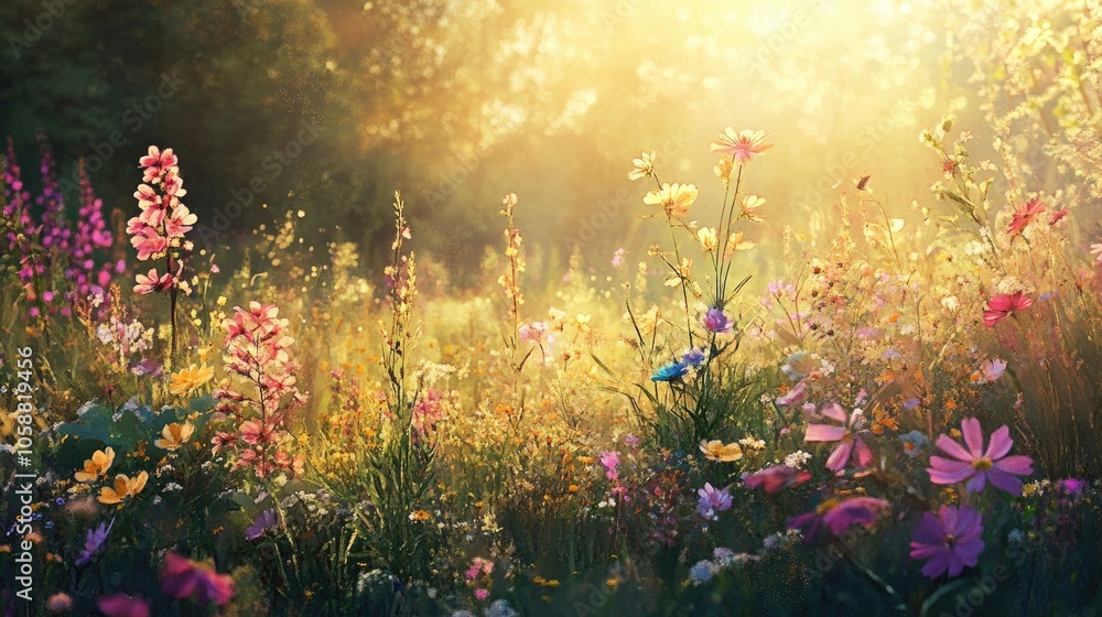 Sunlit Meadow Featuring Wildflowers in the Morning Glow Sunlit Meadow Featuring Wildflowers in the Morning Glow