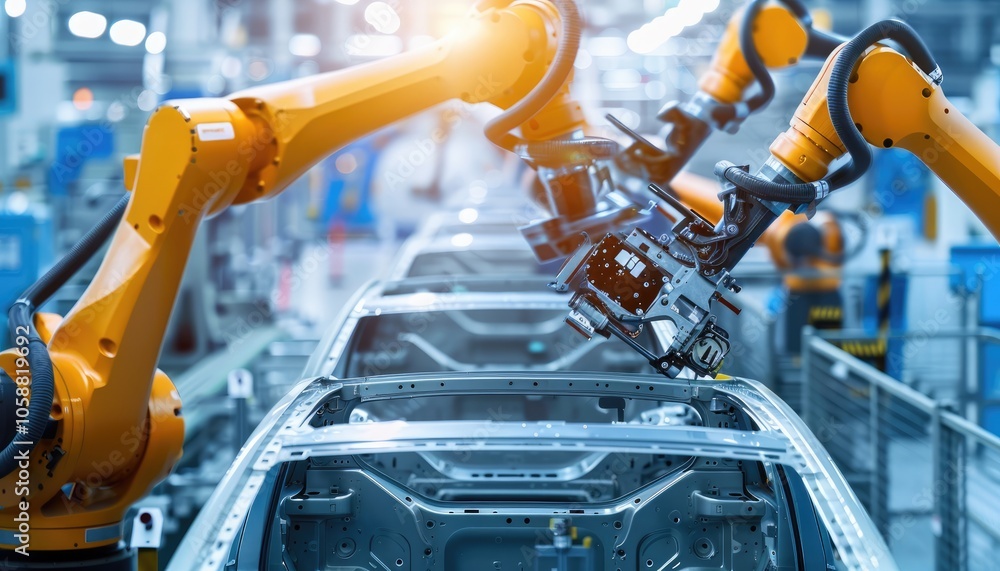 Robotic Arm Assembling a Car Body in an Automotive Factory Robotic Arm Assembling a Car Body in an Automotive Factory