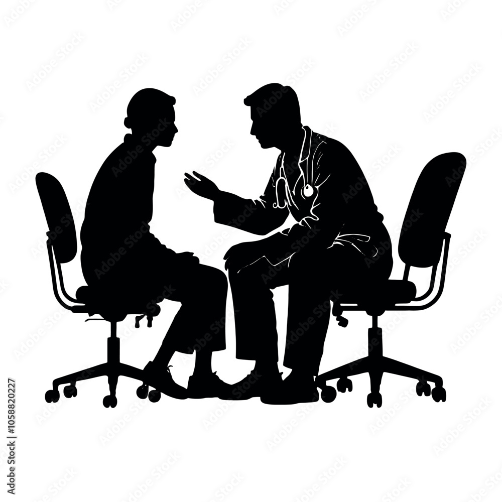 a patient and doctor are discuss sitting on the chair and doing health treatment vector silhouette