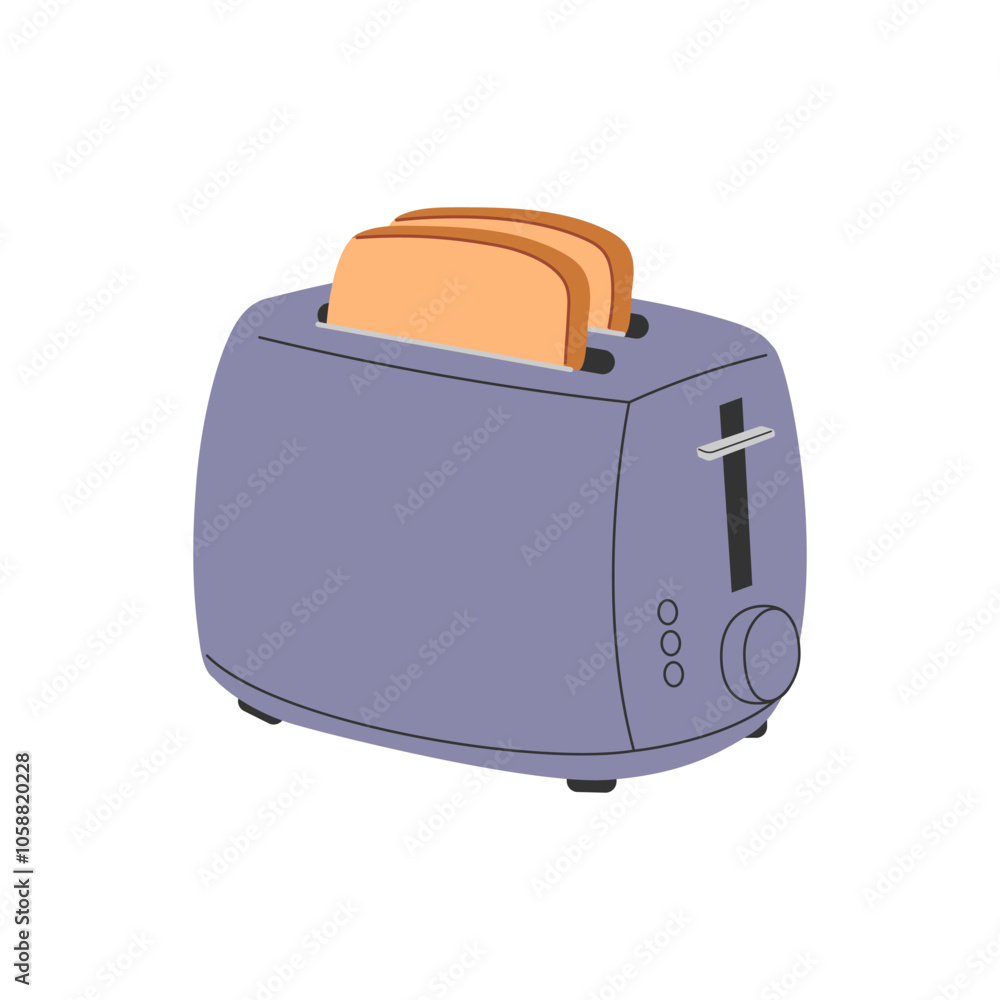 A toaster with toasts. Household kitchen appliances. A flat vector illustration isolated on a white background. A toaster with toasts. Household kitchen appliances. A flat vector illustration isolated on a white background.