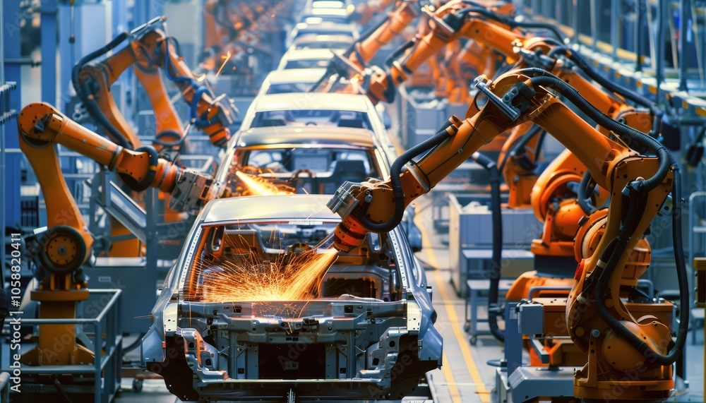 Industrial Robots Welding Car Body on Assembly Line Industrial Robots Welding Car Body on Assembly Line