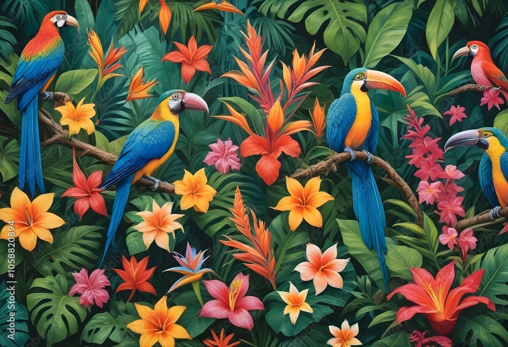 Tropical exotic pattern with animal and flowers in bright colors and lush vegetationn Tropical exotic pattern with animal and flowers in bright colors and lush vegetationn