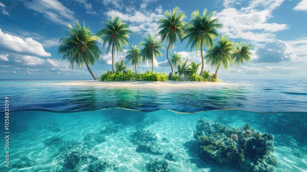 Stunning island featuring palm trees by the sea showcasing the vibrant underwater world Stunning island featuring palm trees by the sea showcasing the vibrant underwater world