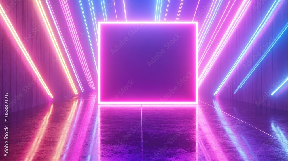 3D rendering featuring neon lights in an abstract ultraviolet background with a virtual reality screen laser display and a rectangular blank frame highlighting glowing lines and vibrant colors refl 3D rendering featuring neon lights in an abstract ultraviolet background with a virtual reality screen laser display and a rectangular blank frame highlighting glowing lines and vibrant colors refl
