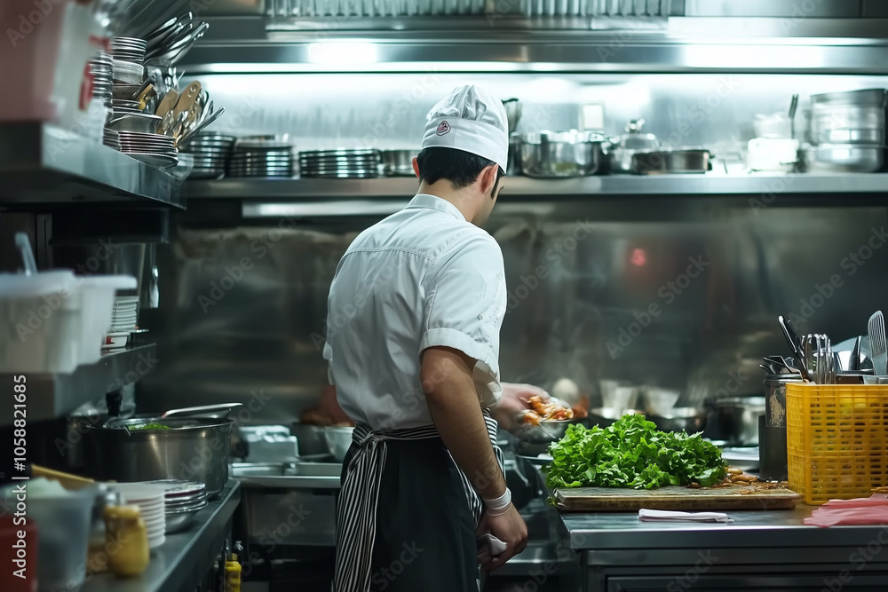 The chef works in a professional stainless steel kitchen The chef works in a professional stainless steel kitchen