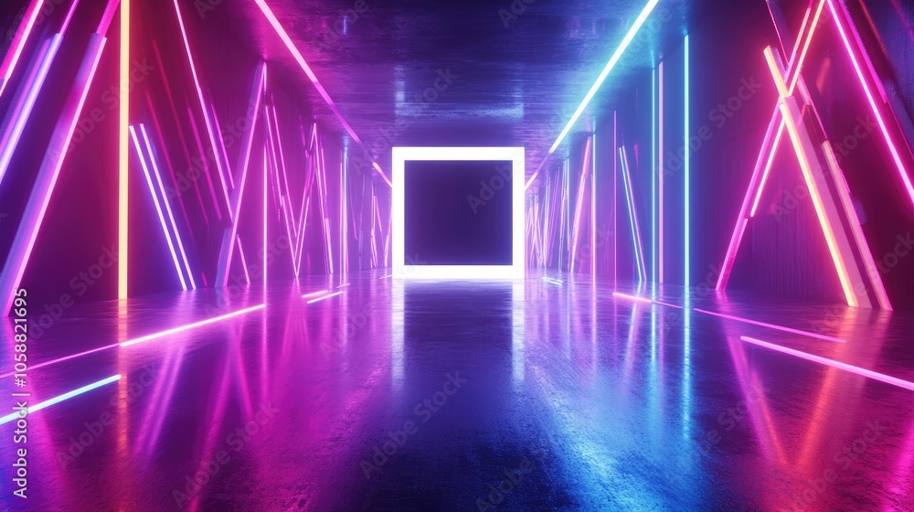3D rendering featuring neon lights in an abstract ultraviolet background with a virtual reality screen laser display and a rectangular blank frame highlighting glowing lines and vibrant colors refl 3D rendering featuring neon lights in an abstract ultraviolet background with a virtual reality screen laser display and a rectangular blank frame highlighting glowing lines and vibrant colors refl
