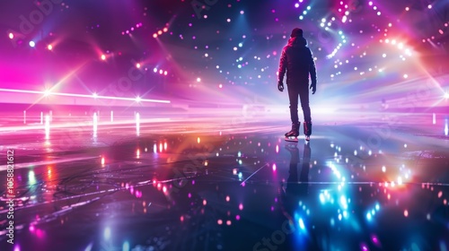 Ice skater performs vibrant figure skating show under neon lights, with energetic and dynamic performances at night