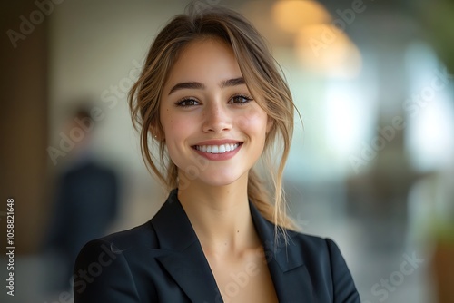 Smiling Businesswoman Headshot - Blonde Hair, Black Blazer