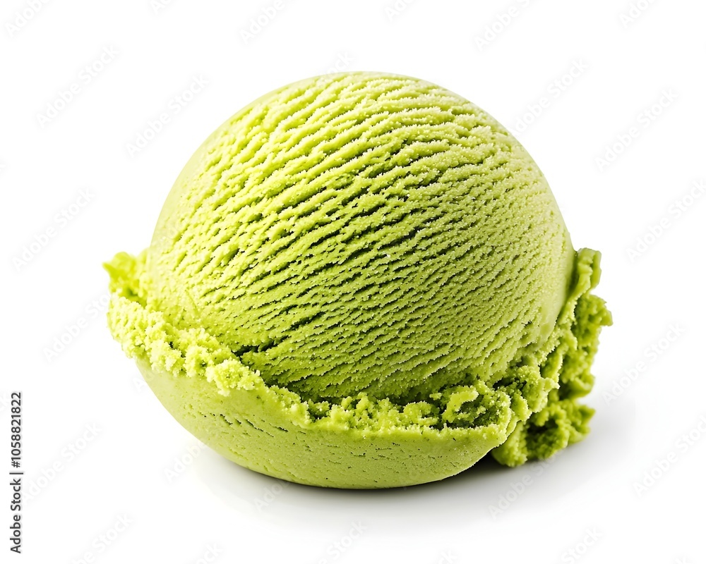 Bright Green Matcha Ice Cream Scoop with Texture Detail on White Background Bright Green Matcha Ice Cream Scoop with Texture Detail on White Background