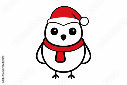  Vector Outline of A cute Snowy Owl wearing a Santa clause hat and scarf on white background.