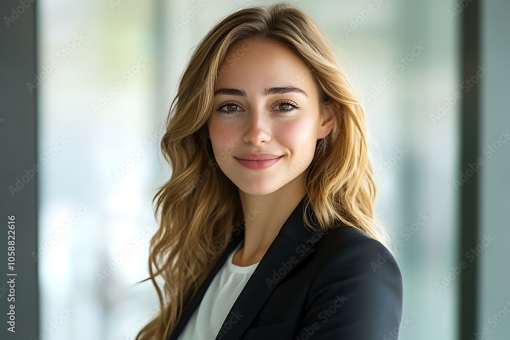 Smiling Businesswoman Headshot in Black Blazer, Bright Office Background Smiling Businesswoman Headshot in Black Blazer, Bright Office Background
