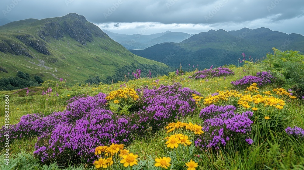 Obraz premium Purple and Yellow Flowers in a Mountain Valley