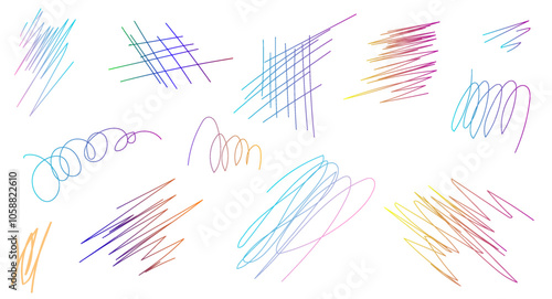 Various colorful doodles and scribbles displayed on a clean white background, showcasing creative designs and artistic expression. Vector illustration