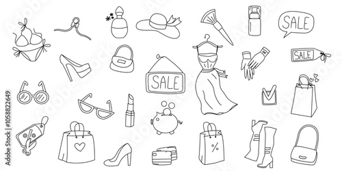 Set of hand drawn doodle shopping and fashion icons. Collection of design elements online shopping, sale, discount. Vector illustration isolsated on white background. photo