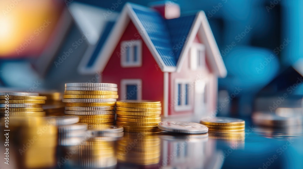 A cozy and charming house surrounded by stacks of golden coins symbolizing the prosperity financial growth and lucrative real estate investment opportunities A cozy and charming house surrounded by stacks of golden coins symbolizing the prosperity financial growth and lucrative real estate investment opportunities