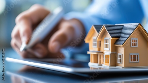 3D House Model on Tablet for Real Estate Planning and Investment Concepts  Miniature home model on digital tablet screen representing residential property mortgage construction