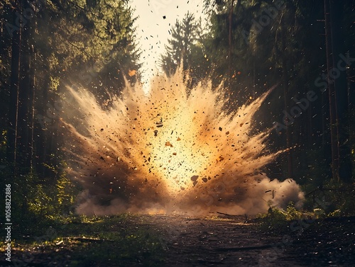 Explosive Detonation Shattering Nature s Solitude in a Dramatic Burst of Debris and Motion photo