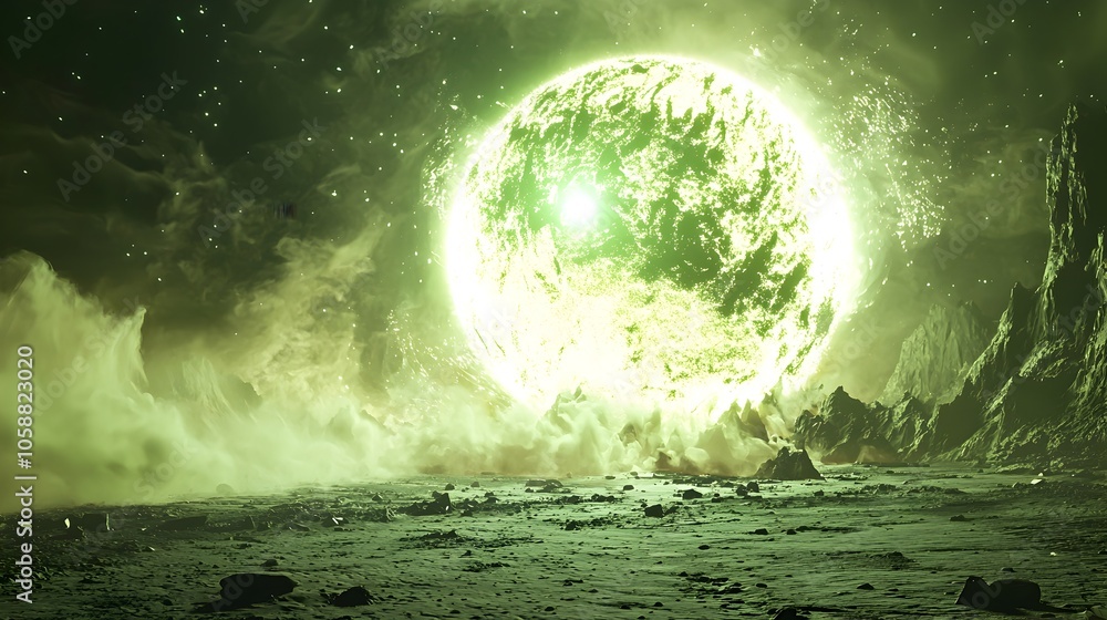 Fototapeta premium Glowing Alien Bomb Explosion Distorting Barren Planet s Atmosphere in Neon Green Light