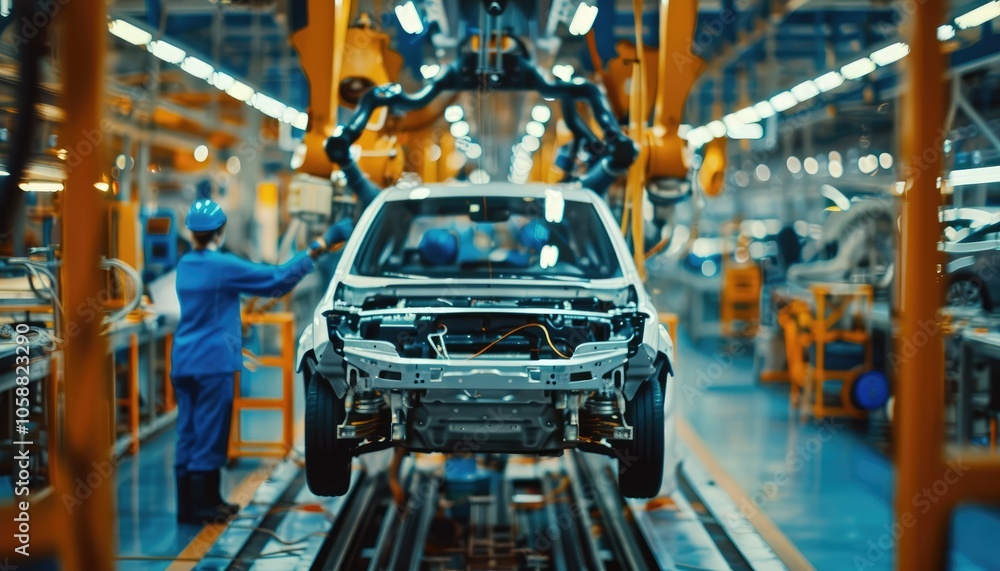 Naklejka premium Car Undergoing Assembly on a Factory Conveyor Belt