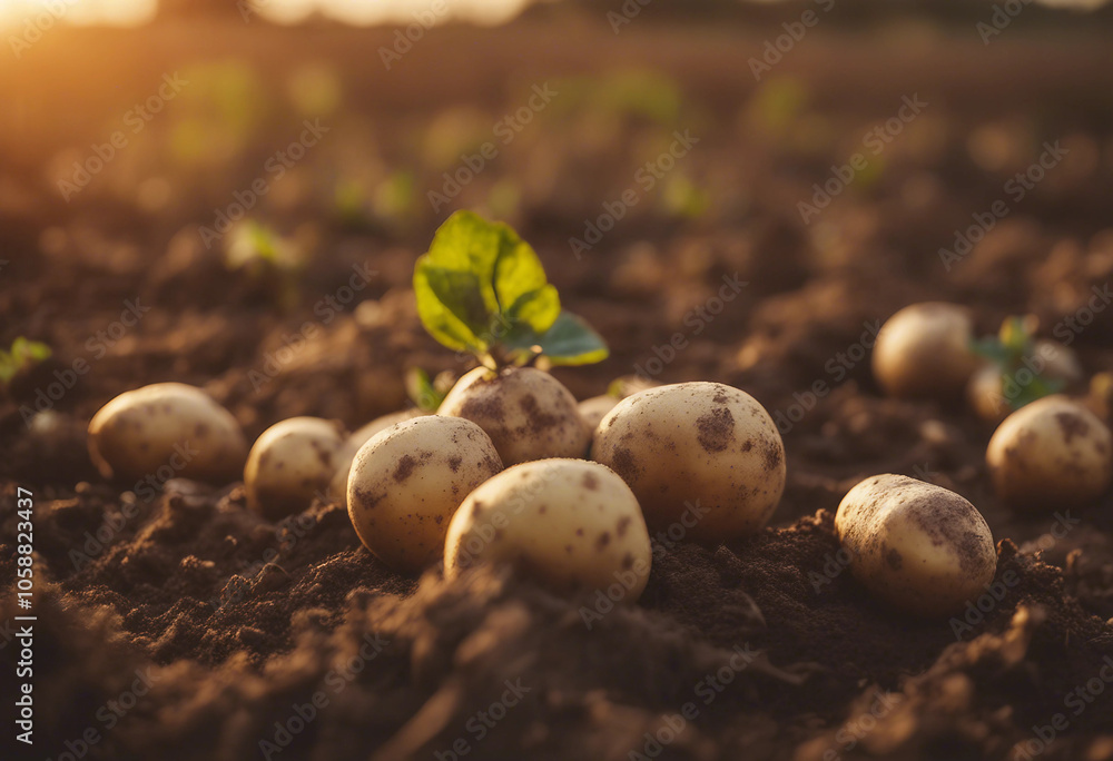 Freshly harvested potatoes on soil golden sunset shallow depth of field Freshly harvested potatoes on soil golden sunset shallow depth of field