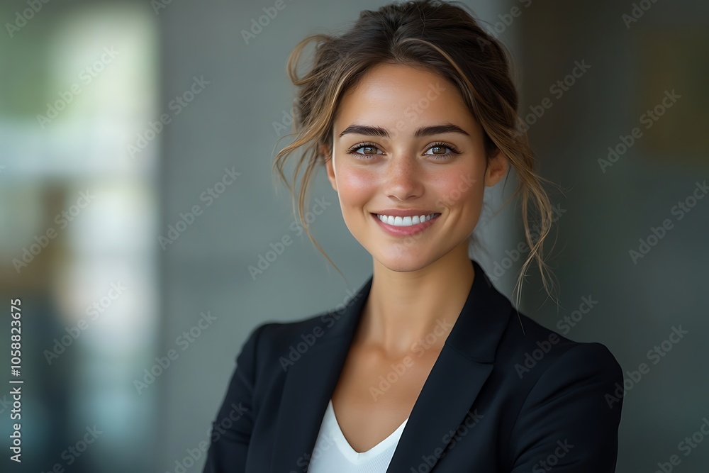 Smiling Businesswoman in a Black Blazer with Confident Posture Smiling Businesswoman in a Black Blazer with Confident Posture