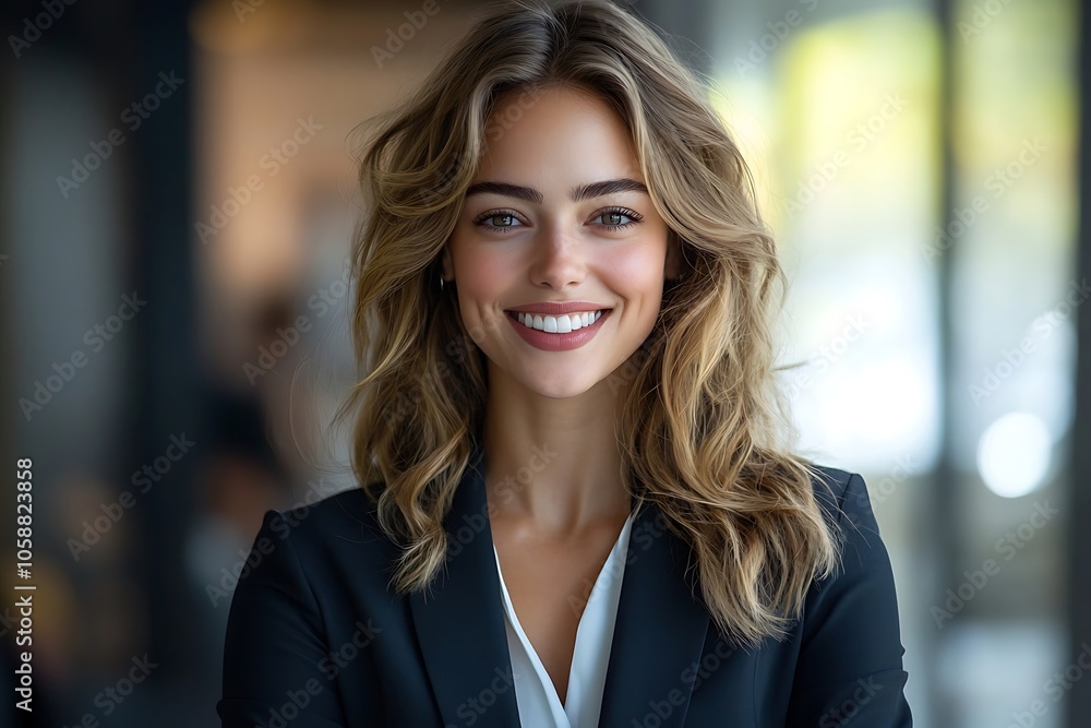 Smiling Businesswoman in a Black Blazer with Long Blonde Hair. Smiling Businesswoman in a Black Blazer with Long Blonde Hair.