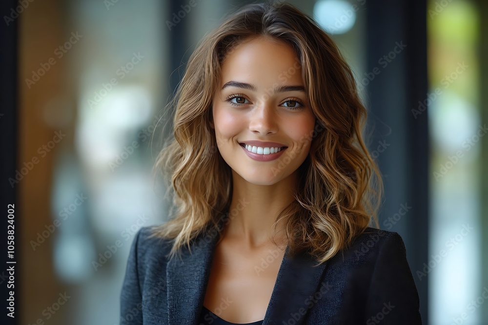 Smiling Businesswoman in a Blazer with Long Wavy Hair Smiling Businesswoman in a Blazer with Long Wavy Hair