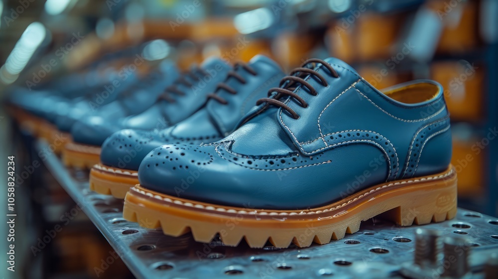 Rows of meticulously crafted blue brogue shoes await completion in a bustling workshop, showcasing expert craftsmanship and timeless design Rows of meticulously crafted blue brogue shoes await completion in a bustling workshop, showcasing expert craftsmanship and timeless design