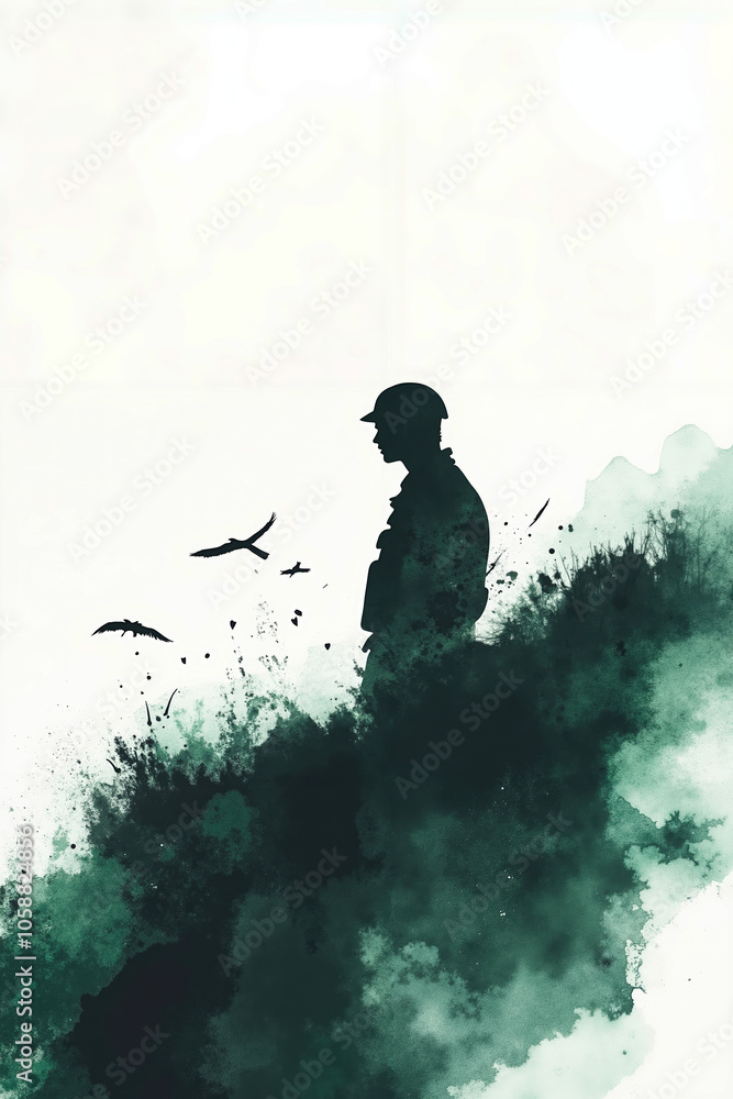 A silhouette of a person in a helmet, standing on a hill, with birds flying around them A silhouette of a person in a helmet, standing on a hill, with birds flying around them