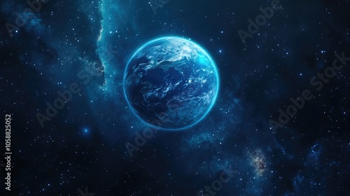 Stunning depiction of a vibrant blue planet featuring land ocean and clouds against a starry backdrop viewed from space highlighting the beauty of life amidst a stellar nebula