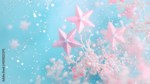 3d pastel pink and baby blue colour with stars and sphere in dreamy fairy style background, 