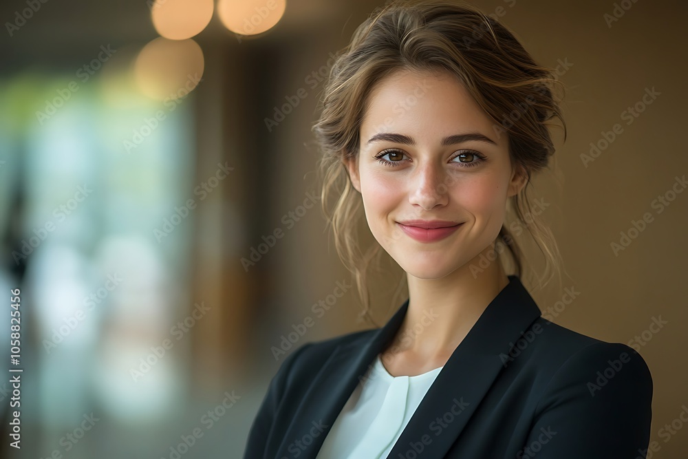 Smiling Businesswoman in Black Blazer and White Shirt, Office Setting Smiling Businesswoman in Black Blazer and White Shirt, Office Setting