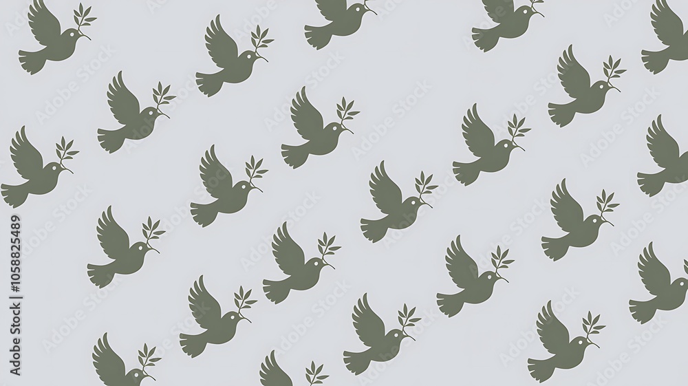 Pattern of Green Doves Holding Olive Branches on a White Background Pattern of Green Doves Holding Olive Branches on a White Background