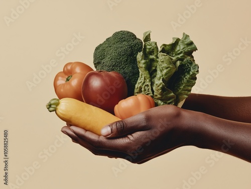 Afro American black man's hands, holding freshly picked produce of freshly harvested vegetables, on a monotone beige background photo