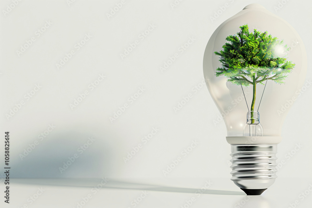 growing idea tree emerging from light bulb base, white background growing idea tree emerging from light bulb base, white background