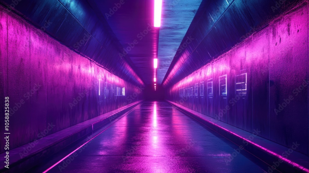 Fototapeta premium 3D render of an abstract futuristic background featuring an urban tunnel illuminated by ultraviolet light with geometric structures symbolizing big data storage and cyber safety in virtual reality
