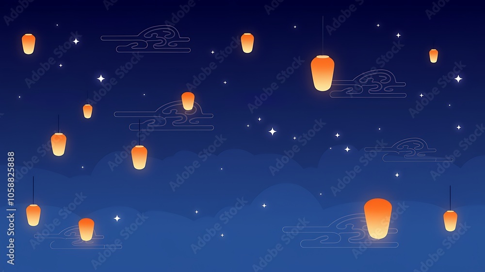 Fototapeta premium Illuminated Sky Lanterns Floating Amidst Clouds and Stars