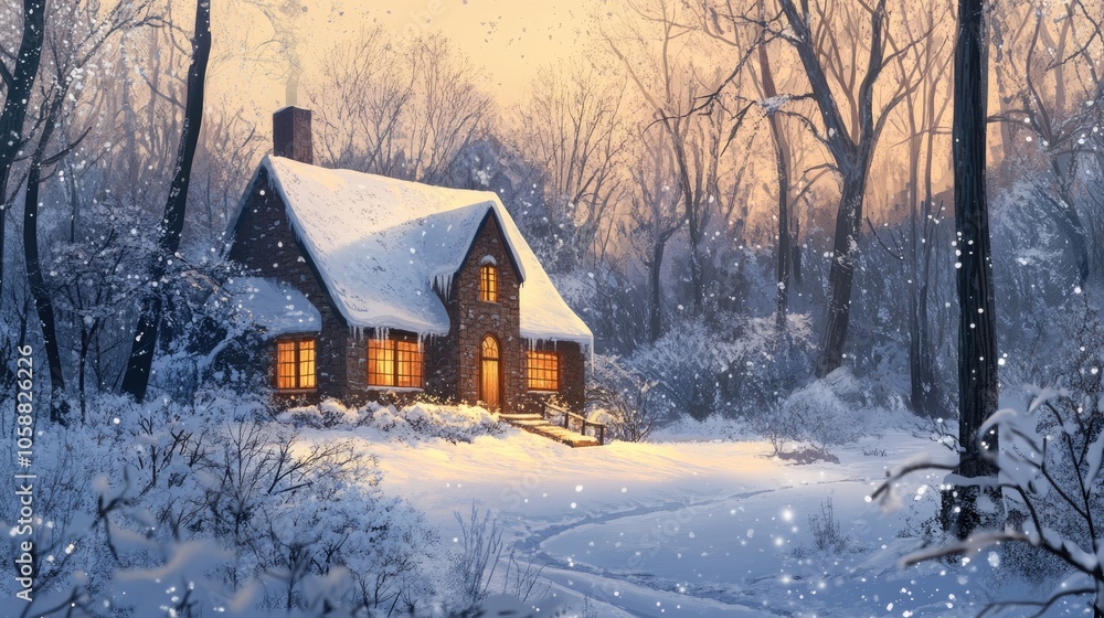Illustration of a cozy house surrounded by snow in a forest during winter showcasing a serene outdoor snowy landscape Illustration of a cozy house surrounded by snow in a forest during winter showcasing a serene outdoor snowy landscape